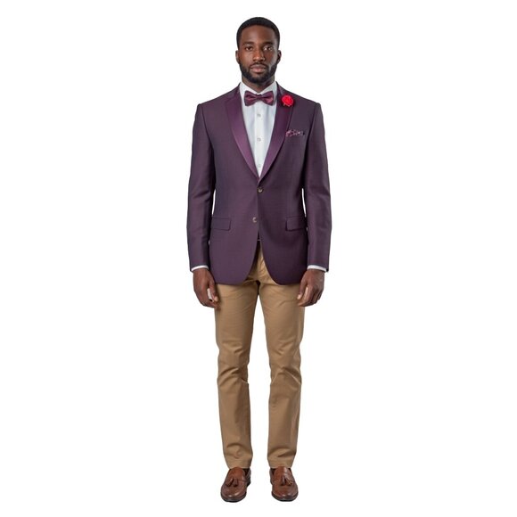 Birdseye Mens Suit Jacket w/ Satin Notch Lapel, Burgundy Wine - Picture 5 of 5